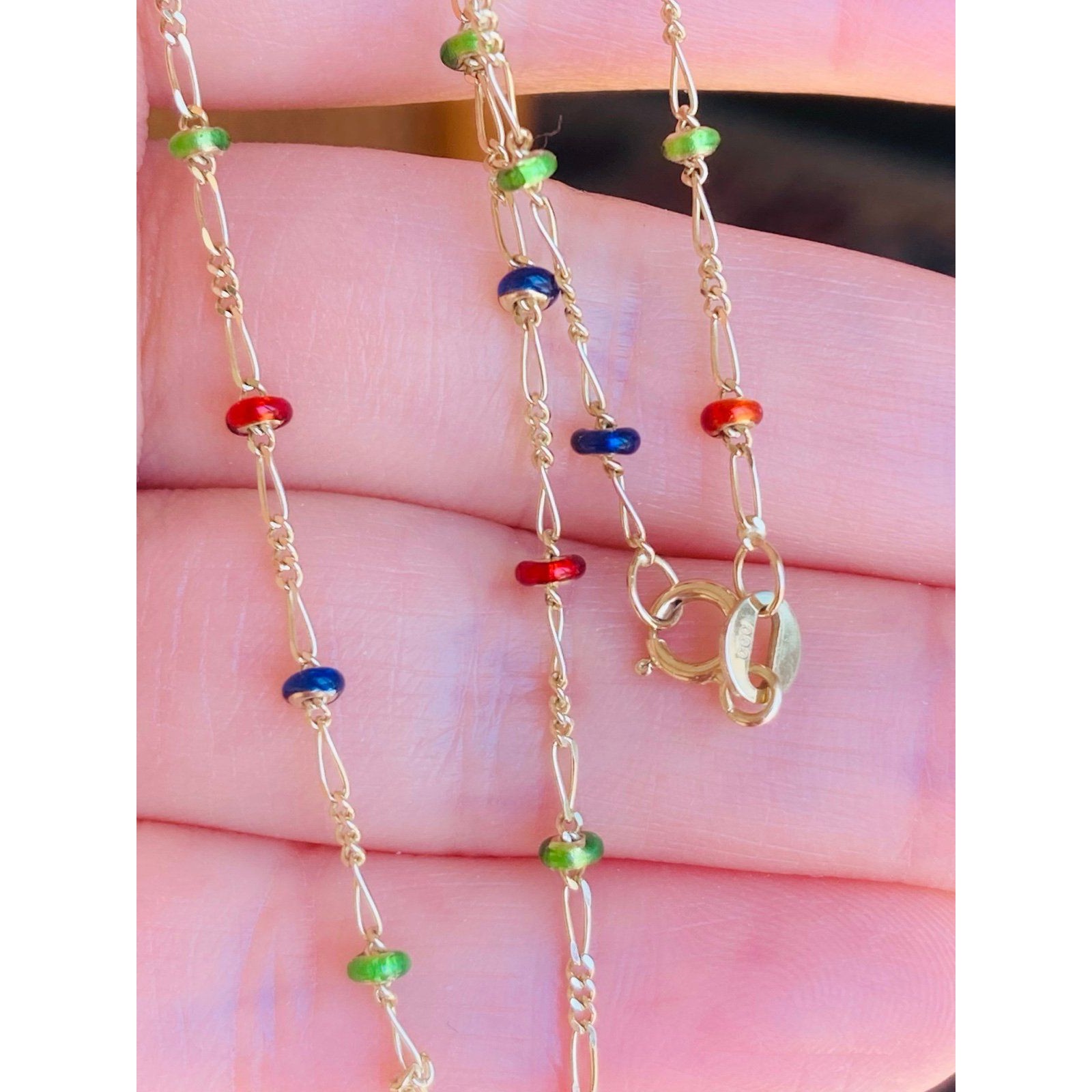 14kt Italy Yellow Gold Colorful Enamel Coated Bead Anklet Bracelet 12"